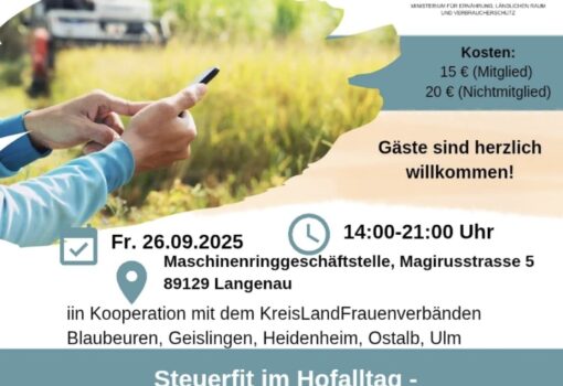 Kurs Steuerfit im Hofalltag Grundlagen des Steuerrechts in der Landwirtschaft am Freitag, 26.09.2025